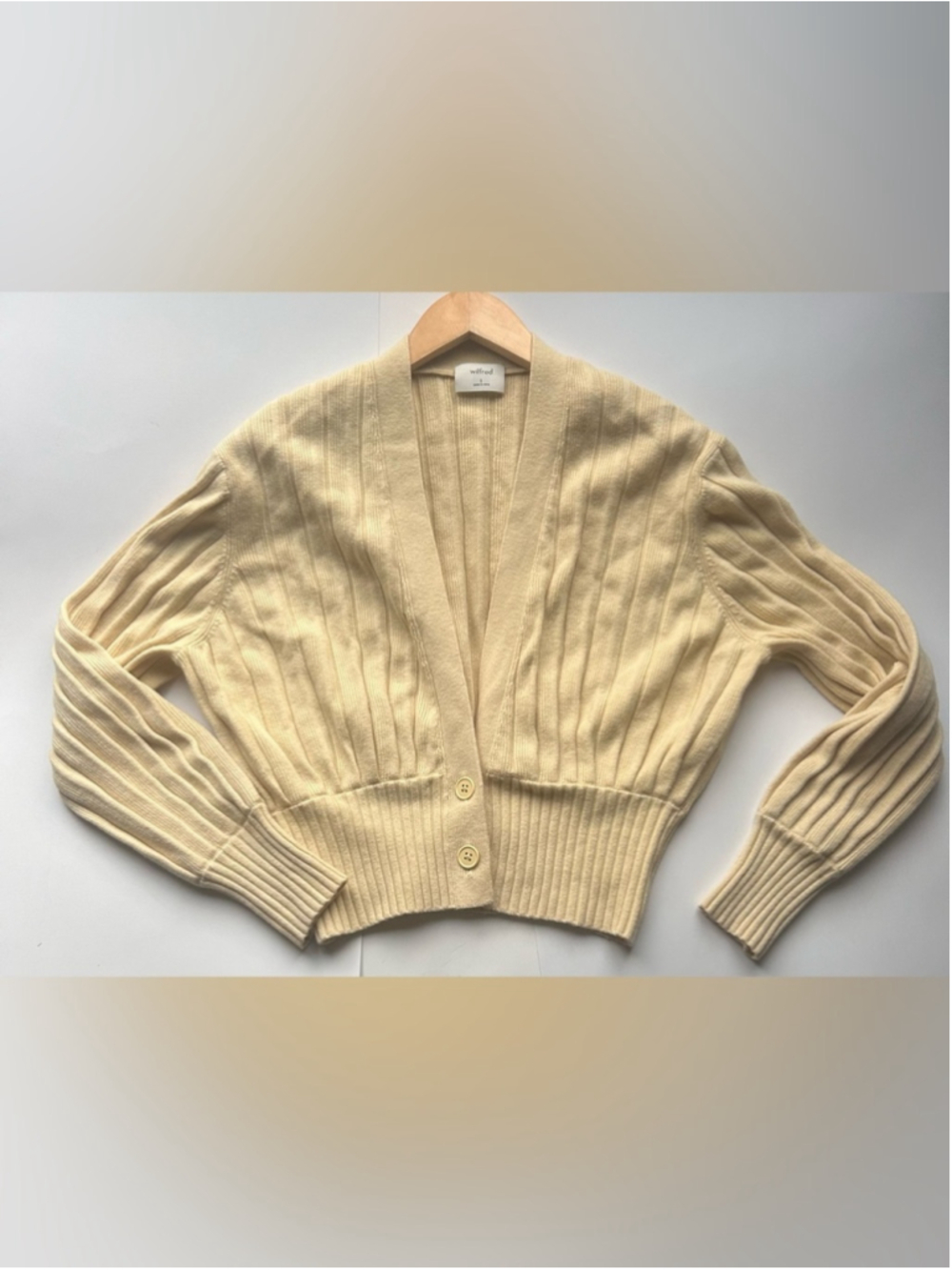 Aritzia Wilfred Cropped Ribbed Cardigan butter yellow Wool Blend Minimalist - Picture 3 of 7